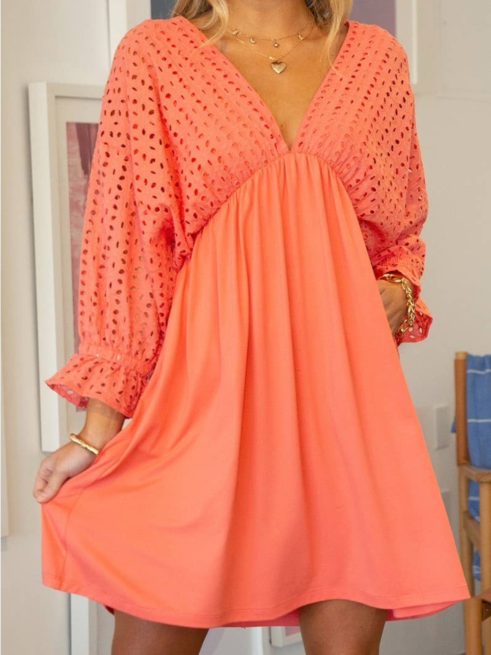 Women's Coral Eyelet V-Neck Babydoll Dress